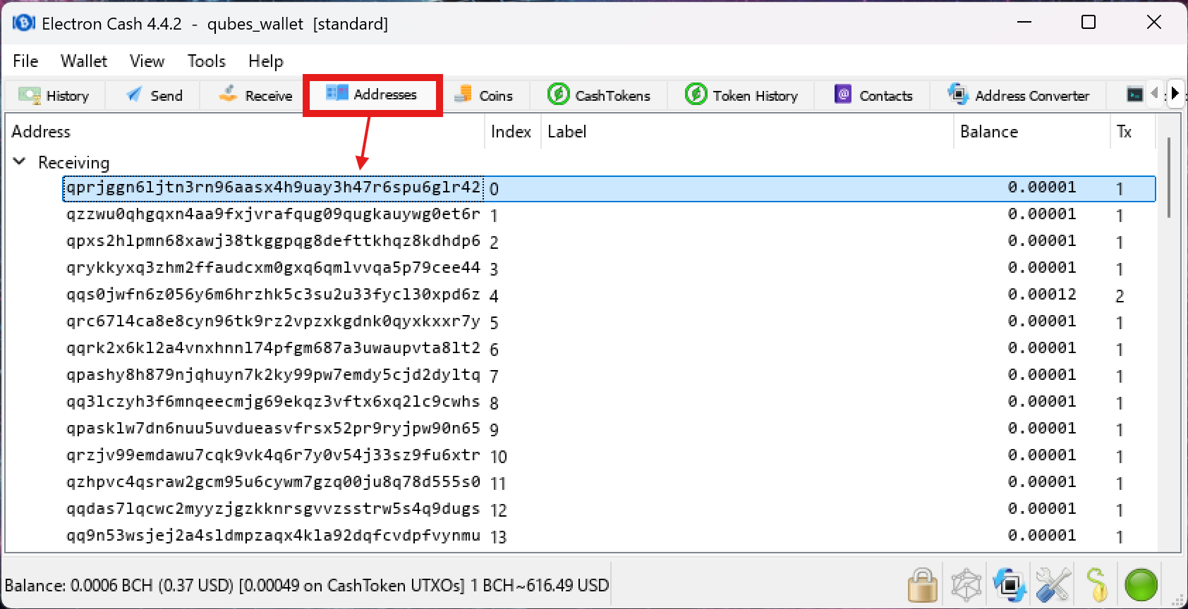 Electron Cash Addresses tab